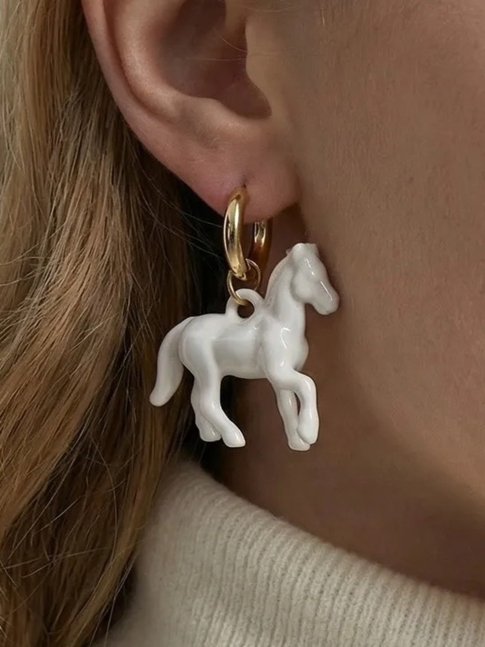 Horse Hoop Earrings with White Horse Charm